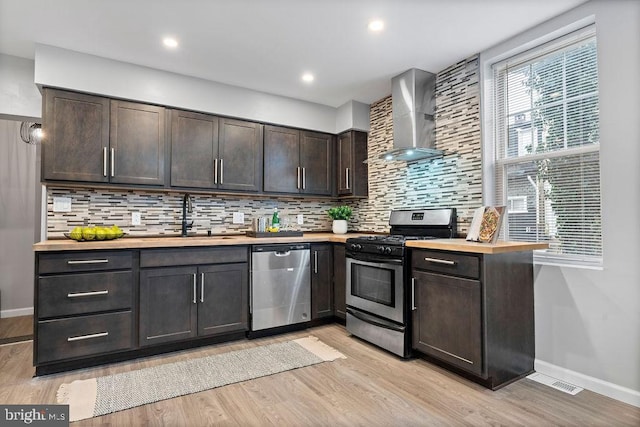 kitchen featuring sink, appliances with stainless steel finishes, backsplash, dark brown cabinets, and wall chimney exhaust hood