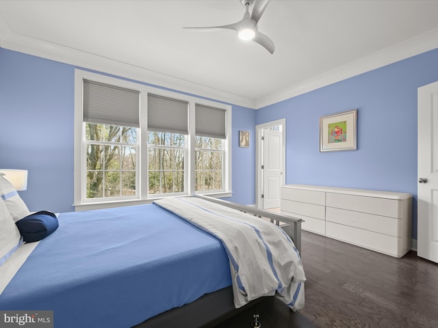 bedroom with dark wood finished floors, crown molding, and ceiling fan