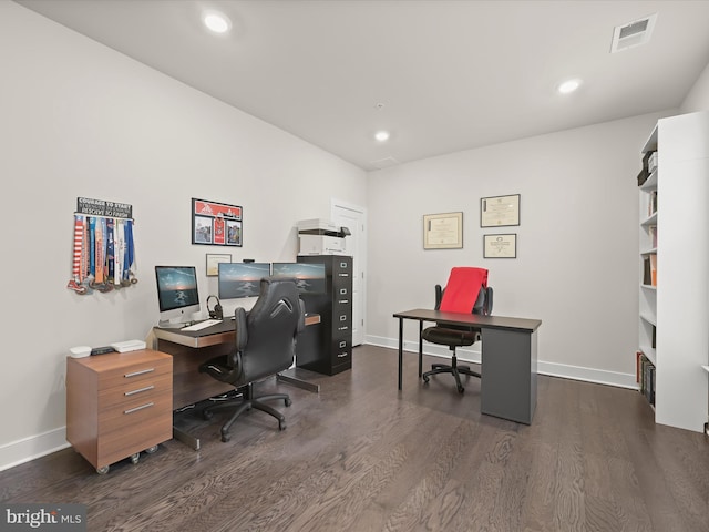 home office with dark wood finished floors, visible vents, recessed lighting, and baseboards