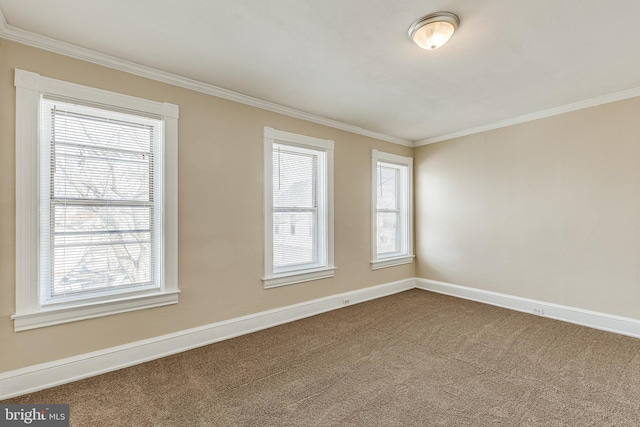 carpeted spare room with ornamental molding