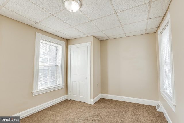 interior space featuring a paneled ceiling, a closet, and carpet flooring