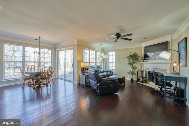 living room with crown molding, a fireplace, dark wood finished floors, baseboards, and ceiling fan with notable chandelier