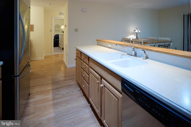 kitchen featuring appliances with stainless steel finishes, sink, and light wood-type flooring