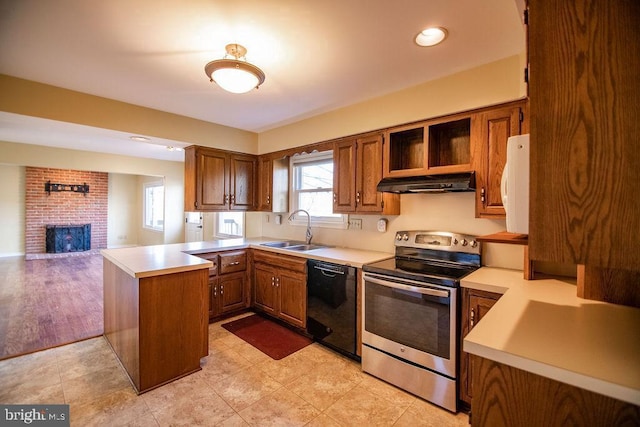 kitchen with sink, stainless steel electric stove, dishwasher, kitchen peninsula, and a fireplace