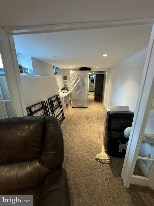 living room with light colored carpet