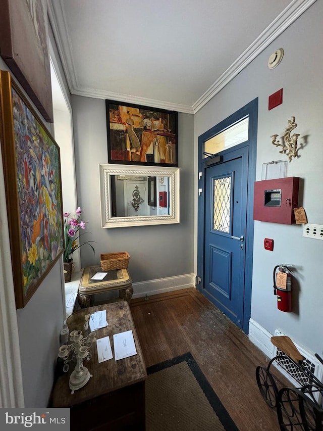 foyer entrance with dark wood-type flooring and ornamental molding