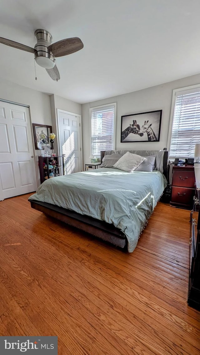 bedroom with multiple windows, ceiling fan, and light hardwood / wood-style floors