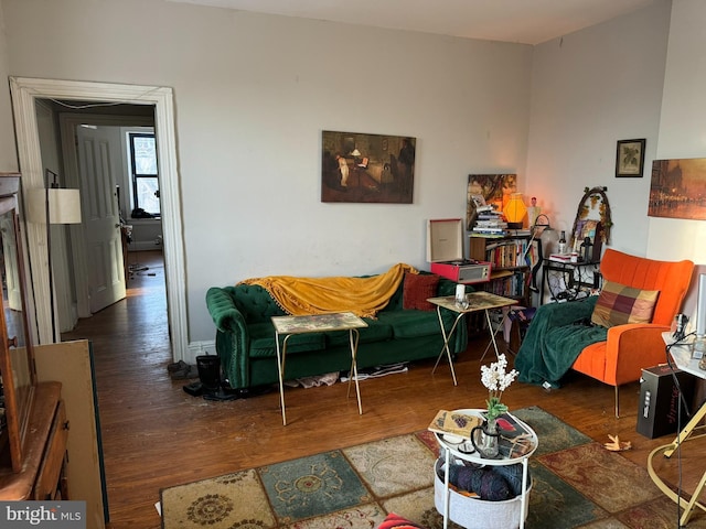 living room with dark hardwood / wood-style floors