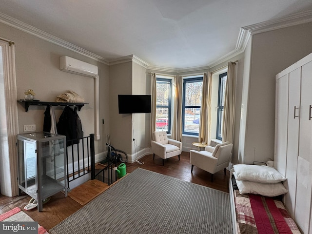 bedroom with ornamental molding, dark hardwood / wood-style floors, and a wall unit AC