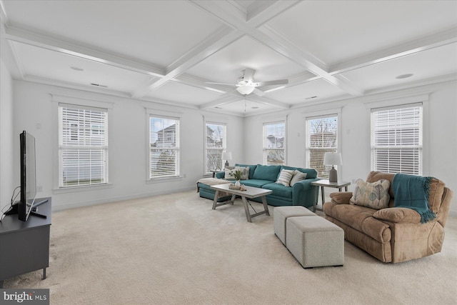 living room featuring beamed ceiling, coffered ceiling, and carpet flooring