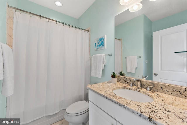 full bath featuring shower / bath combination with curtain, toilet, and vanity