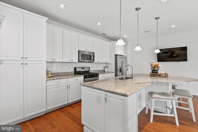 kitchen with a sink, wood finished floors, a kitchen island with sink, and stainless steel appliances