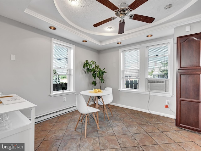 dining space with cooling unit, light tile patterned floors, baseboard heating, a raised ceiling, and a textured ceiling