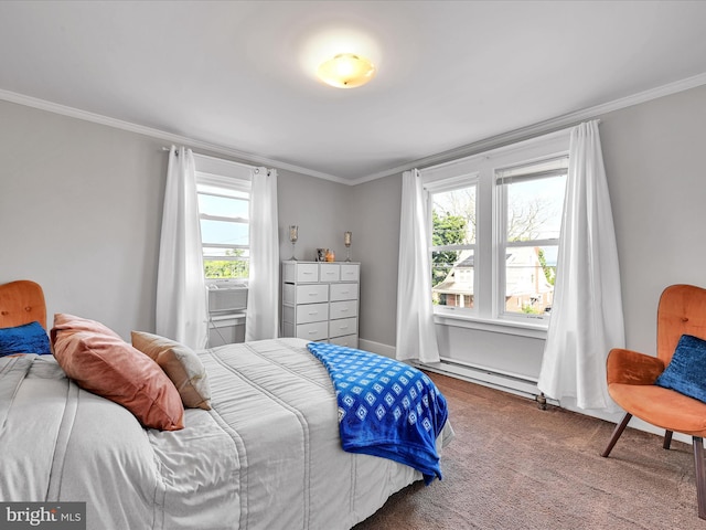 bedroom featuring crown molding, carpet floors, and baseboard heating