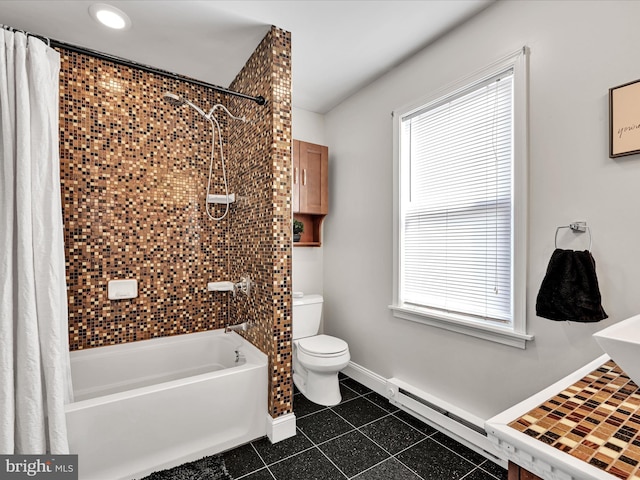 bathroom with a wealth of natural light, shower / tub combo with curtain, baseboard heating, and toilet