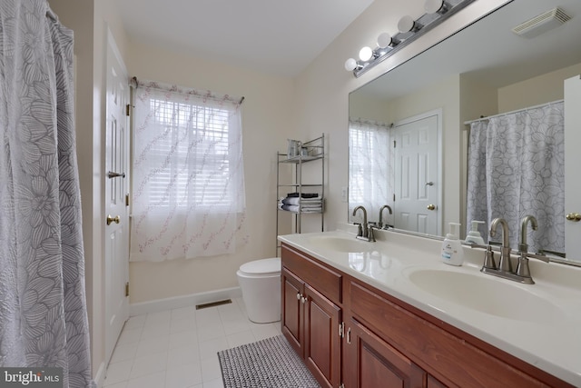 bathroom with tile patterned flooring, visible vents, a sink, and double vanity