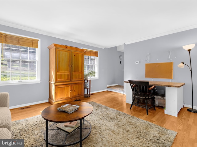living room featuring visible vents, baseboards, and a healthy amount of sunlight