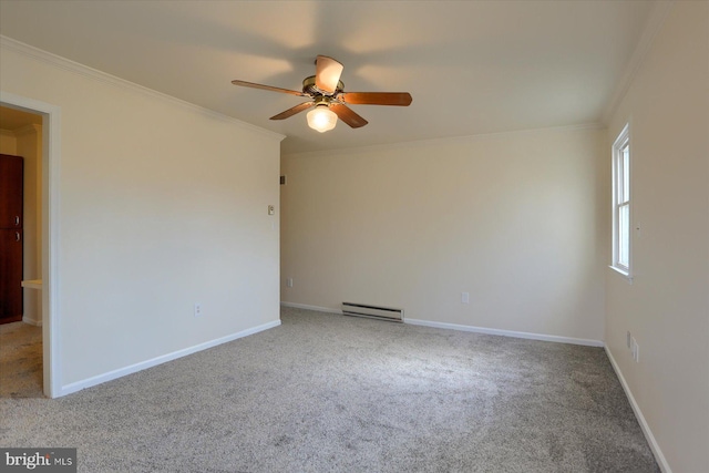 unfurnished room featuring crown molding, light colored carpet, ceiling fan, and baseboard heating