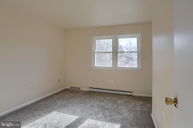 unfurnished room with carpet floors and a baseboard heating unit