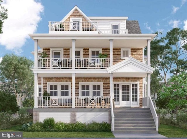 rear view of property featuring a balcony and a porch