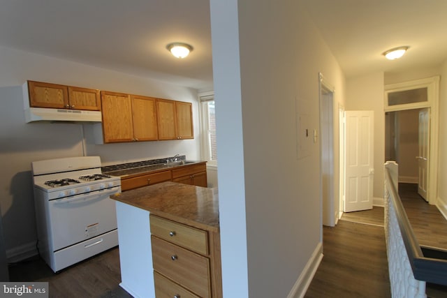 kitchen with sink, dark hardwood / wood-style flooring, and white gas range oven