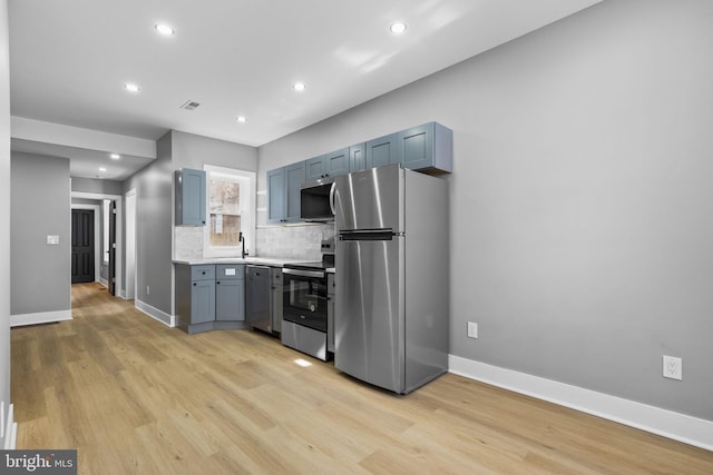 kitchen featuring stainless steel appliances, sink, light hardwood / wood-style floors, and backsplash