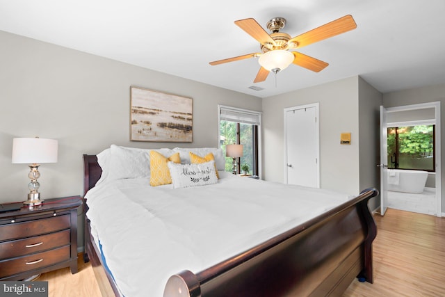 bedroom featuring ceiling fan and light hardwood / wood-style flooring