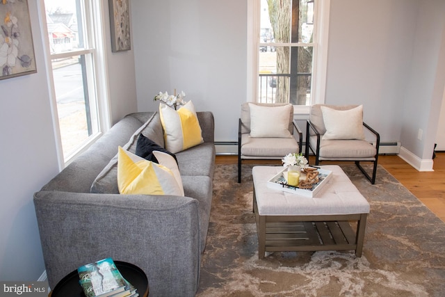 living room with hardwood / wood-style flooring and a baseboard radiator