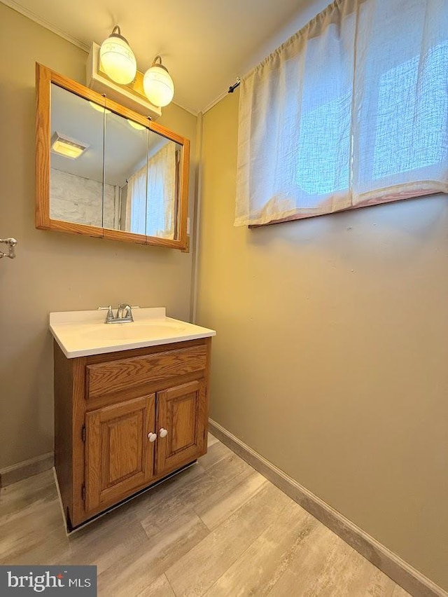 bathroom with vanity and hardwood / wood-style flooring