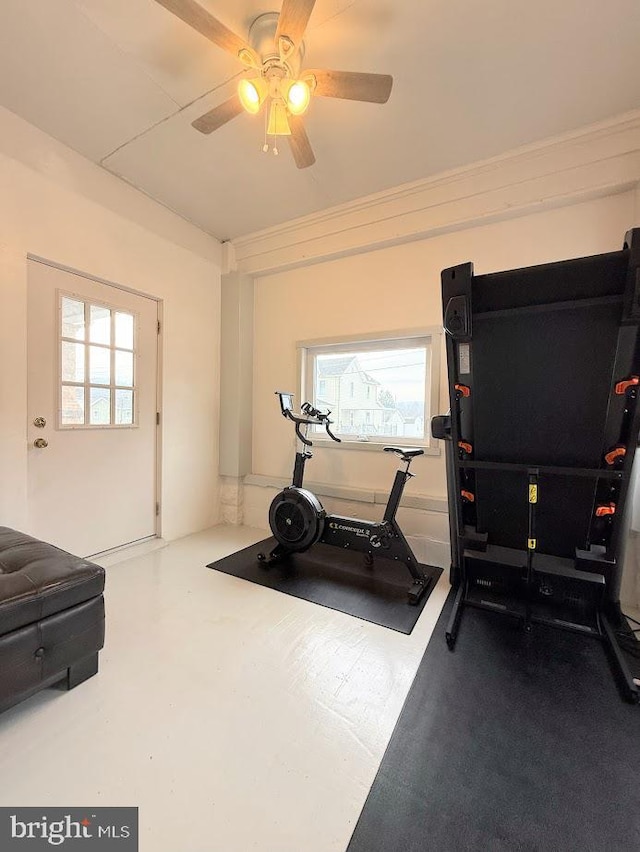 workout area featuring ceiling fan