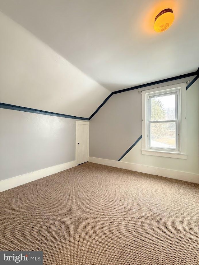 bonus room with lofted ceiling and carpet flooring