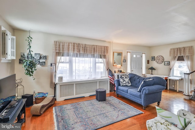 living room with wood-type flooring and radiator