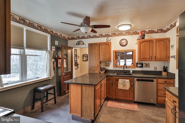 kitchen featuring sink, stainless steel dishwasher, ceiling fan, and kitchen peninsula