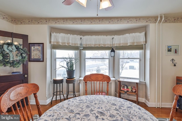 dining area featuring dark wood-type flooring and ceiling fan