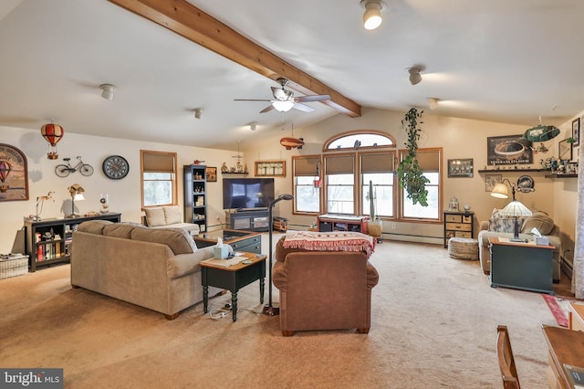 carpeted living room with ceiling fan, vaulted ceiling with beams, and baseboard heating