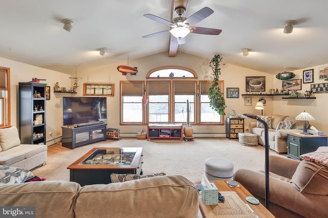 carpeted living room with ceiling fan, lofted ceiling with beams, and a baseboard heating unit