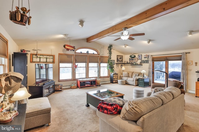 carpeted living room featuring vaulted ceiling with beams, ceiling fan, and baseboard heating