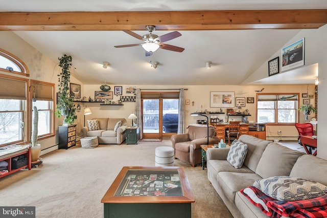 living room with a healthy amount of sunlight, carpet flooring, and beam ceiling