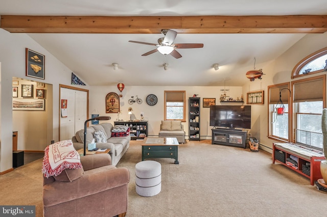 living room featuring vaulted ceiling with beams, a baseboard radiator, ceiling fan, and carpet flooring