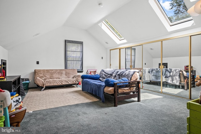 living room featuring lofted ceiling with skylight and carpet flooring