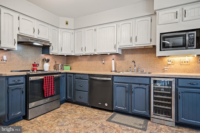 kitchen featuring sink, white cabinetry, stainless steel appliances, wine cooler, and blue cabinets