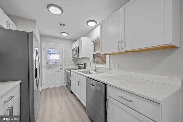 kitchen with sink, white cabinetry, light stone counters, appliances with stainless steel finishes, and light hardwood / wood-style floors