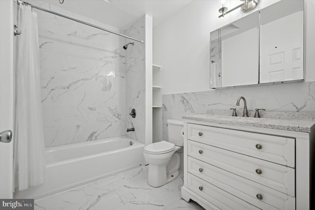 full bathroom featuring vanity, tile walls, toilet, and shower / bath combo with shower curtain