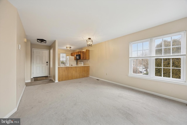 unfurnished living room with light carpet and plenty of natural light