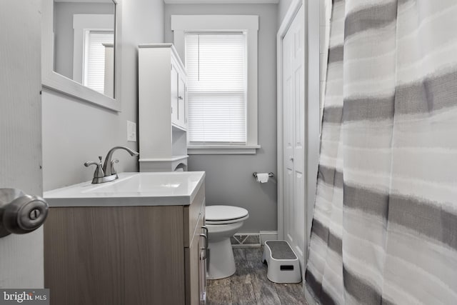 bathroom featuring vanity, wood-type flooring, and toilet