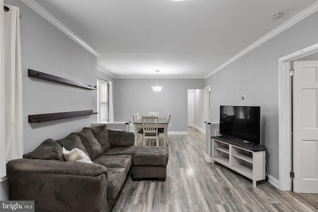 living room featuring hardwood / wood-style flooring and crown molding