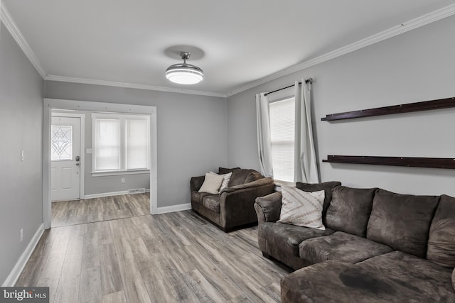 living room featuring ornamental molding and light hardwood / wood-style flooring