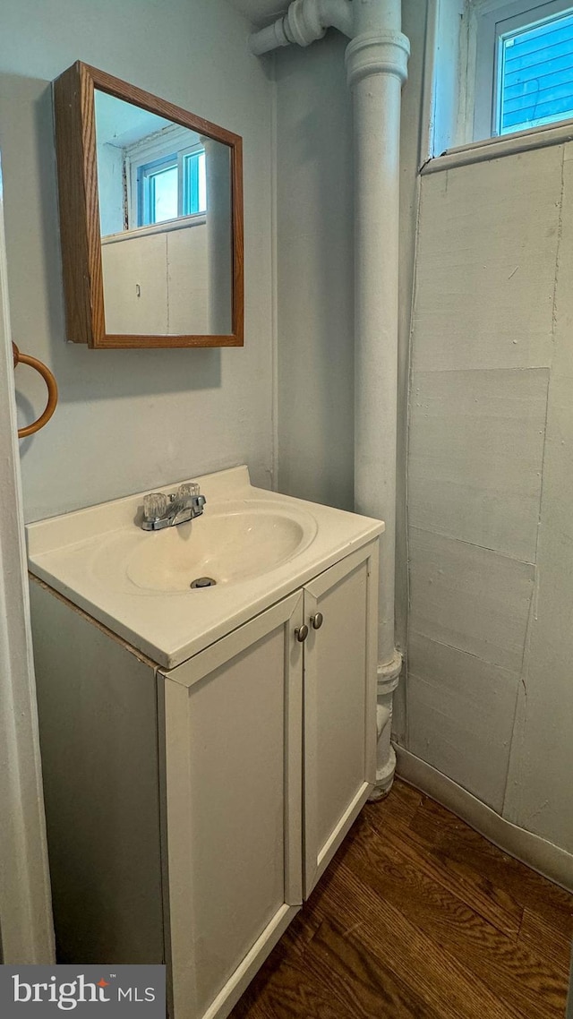 bathroom with hardwood / wood-style flooring and vanity