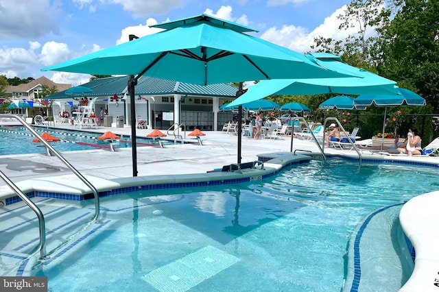 view of swimming pool with a patio area