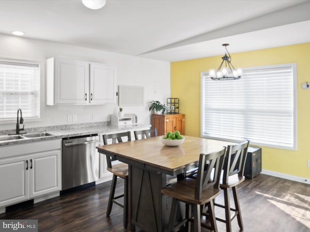 kitchen featuring sink, stainless steel dishwasher, white cabinets, and decorative light fixtures